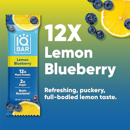 IQBAR Brain and Body Plant Protein Bars - Lemon Blueberry - 12-Count Low Carb - Gluten Free, High