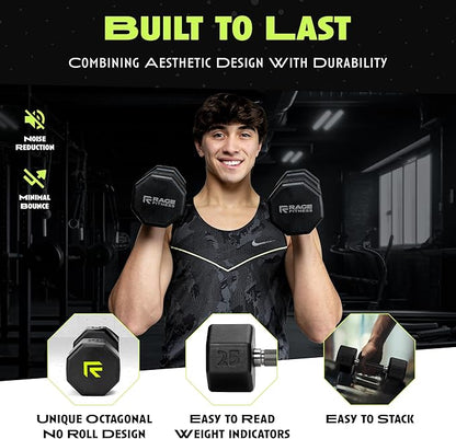 Rubber Coated Dumbbells - No Roll Design Easy-Grip Steel Knurled Handle, Weights Dumbbells Set for