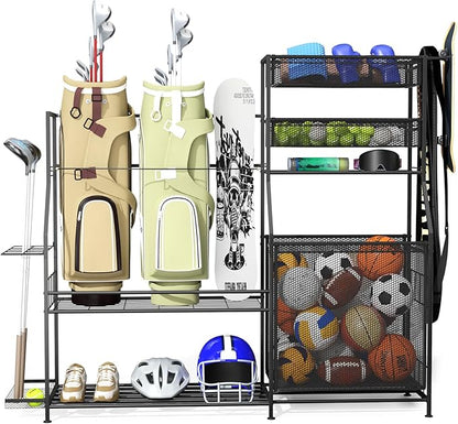 Garage Sports Equipment Organizer,3 Golf Bags Storage Stand,Heavy-Duty Ball Storage Rack with