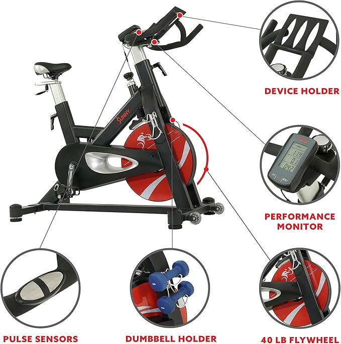 Sunny Health & Fitness Indoor Cycling Exercise Bike w/Pulse Sensors & 4-Way Adjustable Seat