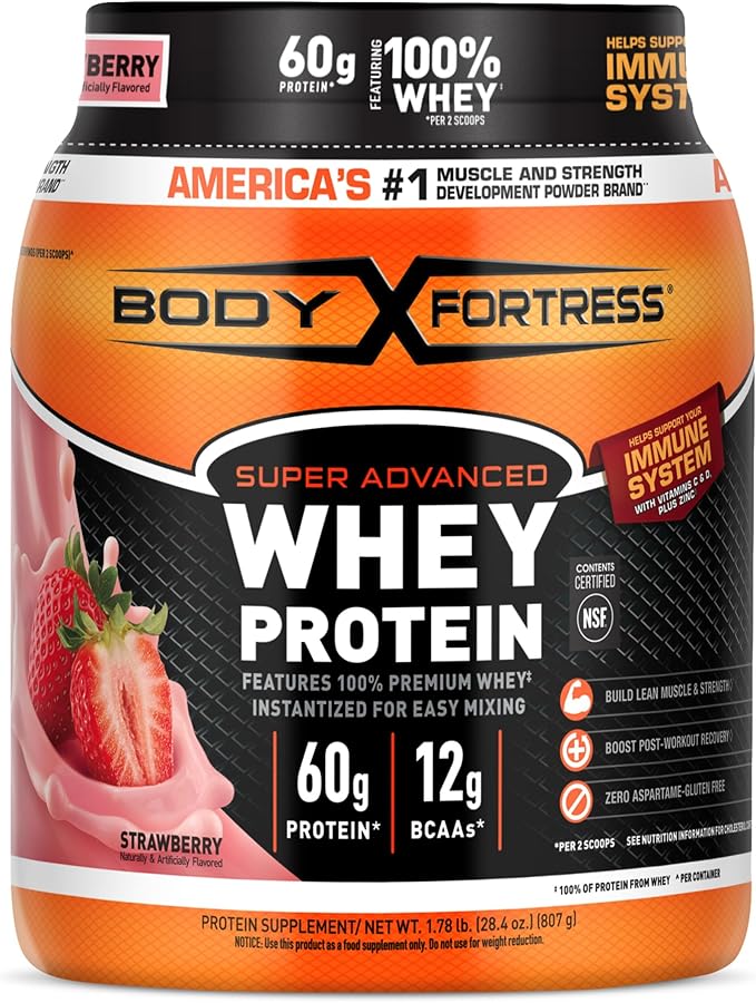 Body Fortress Super Advanced Whey Protein Powder, Strawberry, Immune Support (1), Vitamins C & D