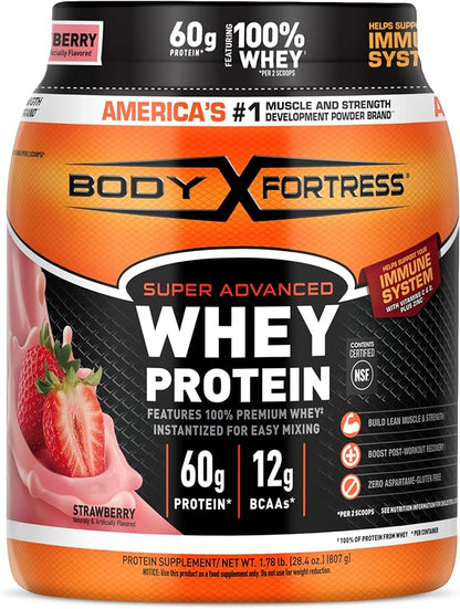 Body Fortress Super Advanced Whey Protein Powder, Strawberry, Immune Support (1), Vitamins C & D