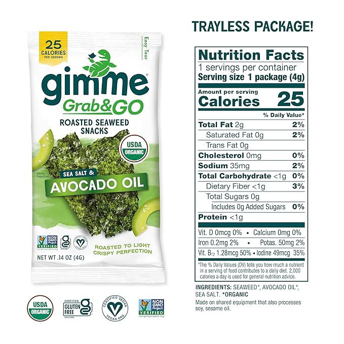 Gimme Seaweed Grab & Go Organic Premium Roasted Seaweed Snacks, Sea Salt & Avocado Oil, 5 Count