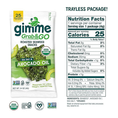 Gimme Seaweed Grab & Go Organic Premium Roasted Seaweed Snacks, Sea Salt & Avocado Oil, 5 Count