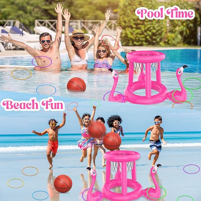 Pool Floats Toys Set, 2-in-1 Floating Basketball Hoops & Pool Ring Toss, Fun Summer Water Games for