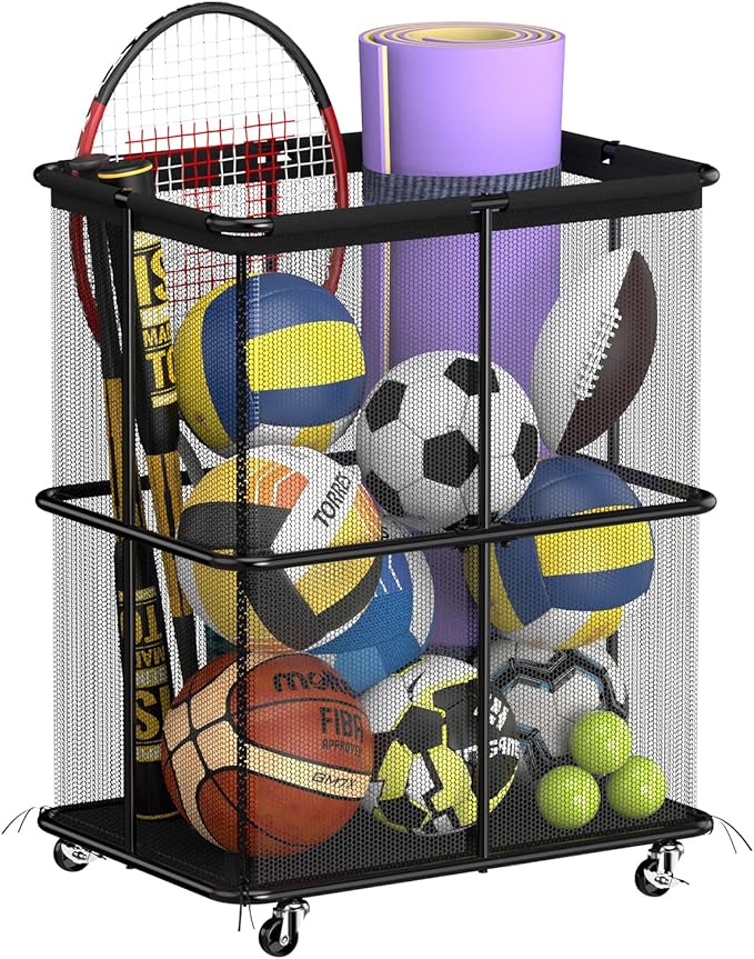HEOMU Ball Storage Bin Rolling Garage Ball Storage Cart with Lockable Wheels, Metal Frame Mesh