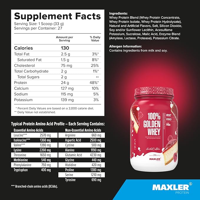 Maxler 100% Golden Whey Protein - 24g of Protein per Serving - Premium Whey Protein Powder for Pre
