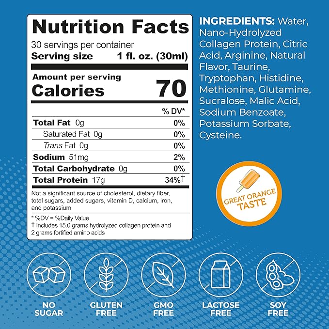 Liquid Collagen Protein Shot, 17g Clear Protein Nano-Hydrolyzed Grass Fed Collagen, 2g Arginine for