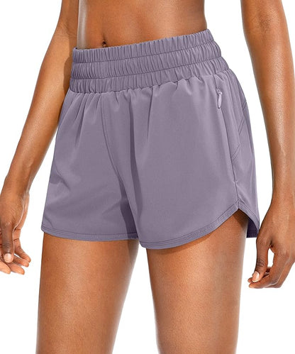 SANTINY Women's Running Shorts with Zip Pockets High Waisted Athletic Workout Gym Shorts for Women
