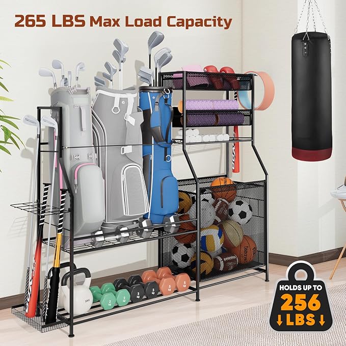 Garage Sports Equipment Organizer,3 Golf Bags Storage Stand,Heavy-Duty Ball Storage Rack with