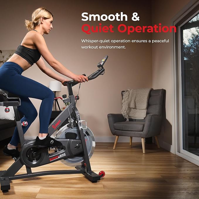 Sunny Health & Fitness Smart Pro Indoor Cycling Exercise Bike, Felt Resistance and Belt Drive, Free