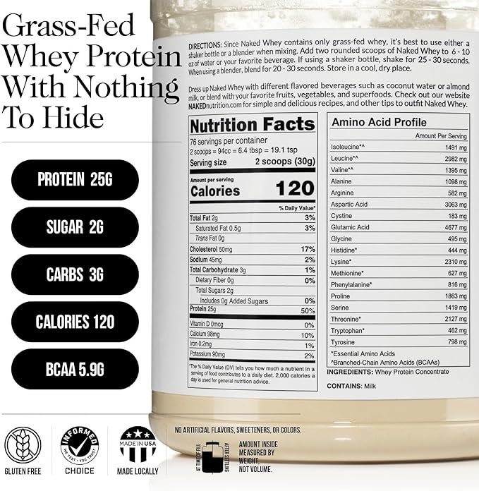 NAKED WHEY 5LB 100% Grass Fed Unflavored Whey Protein Powder - Only 1 Ingredient, Undenatured - No