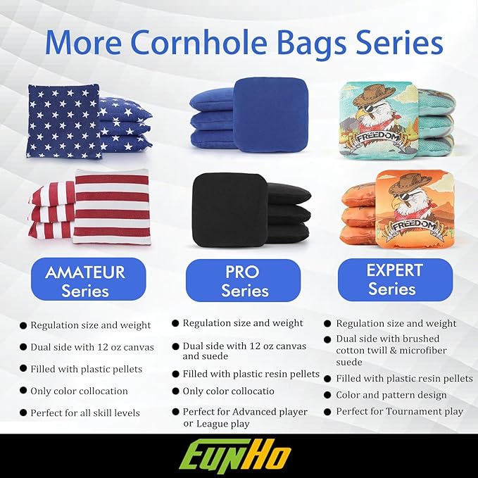 EunHo Dual Sided Cornhole Bags Regulation Set of 8 Professional Cornhole Bean Bags Slick and Stick