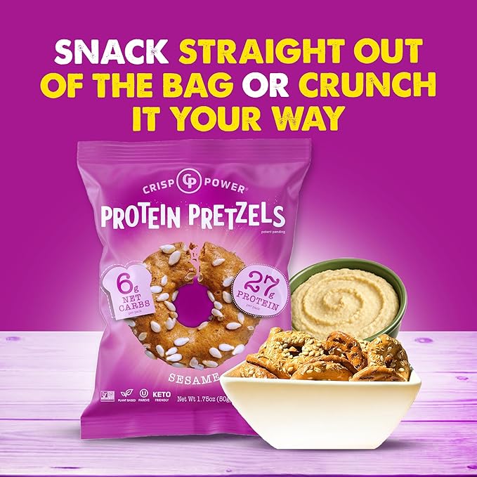 Crisp Power Protein Pretzels, Sesame, High Protein Vegan Keto Snack, 27 G Plant Based Protein, Low