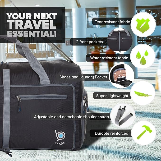 Bago Large Foldable Duffel Bags for Traveling Women & Men - 80L Packable Duffle Bag for Travel with