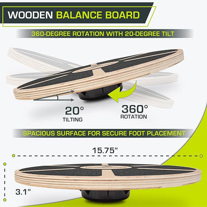ProsourceFit Wooden Balance Board Non-Slip Wobble Core Trainer 15.75in (39.5cm) Diameter with 360