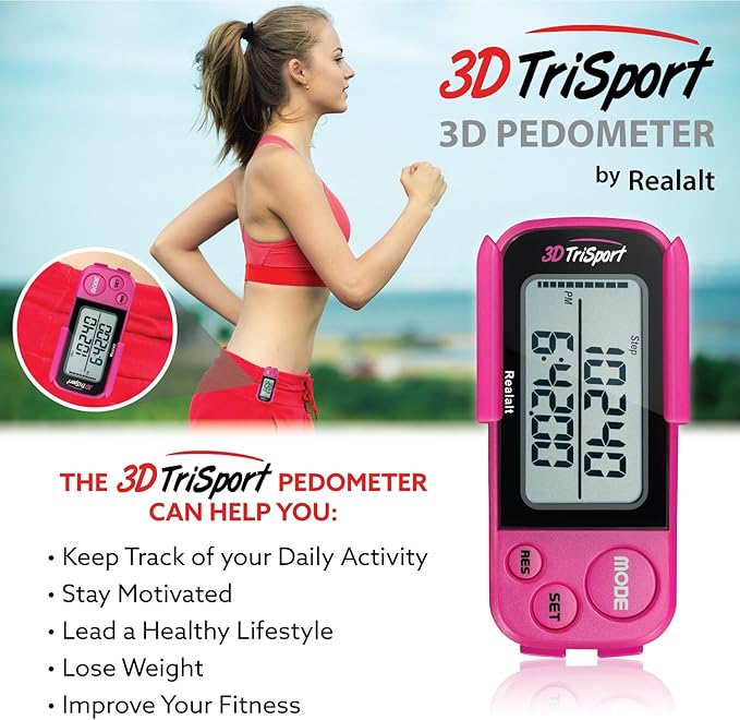 3DTriSport Walking 3D Pedometer with Clip & Strap, eBook Included | 30 Days Memory, Accurate Step