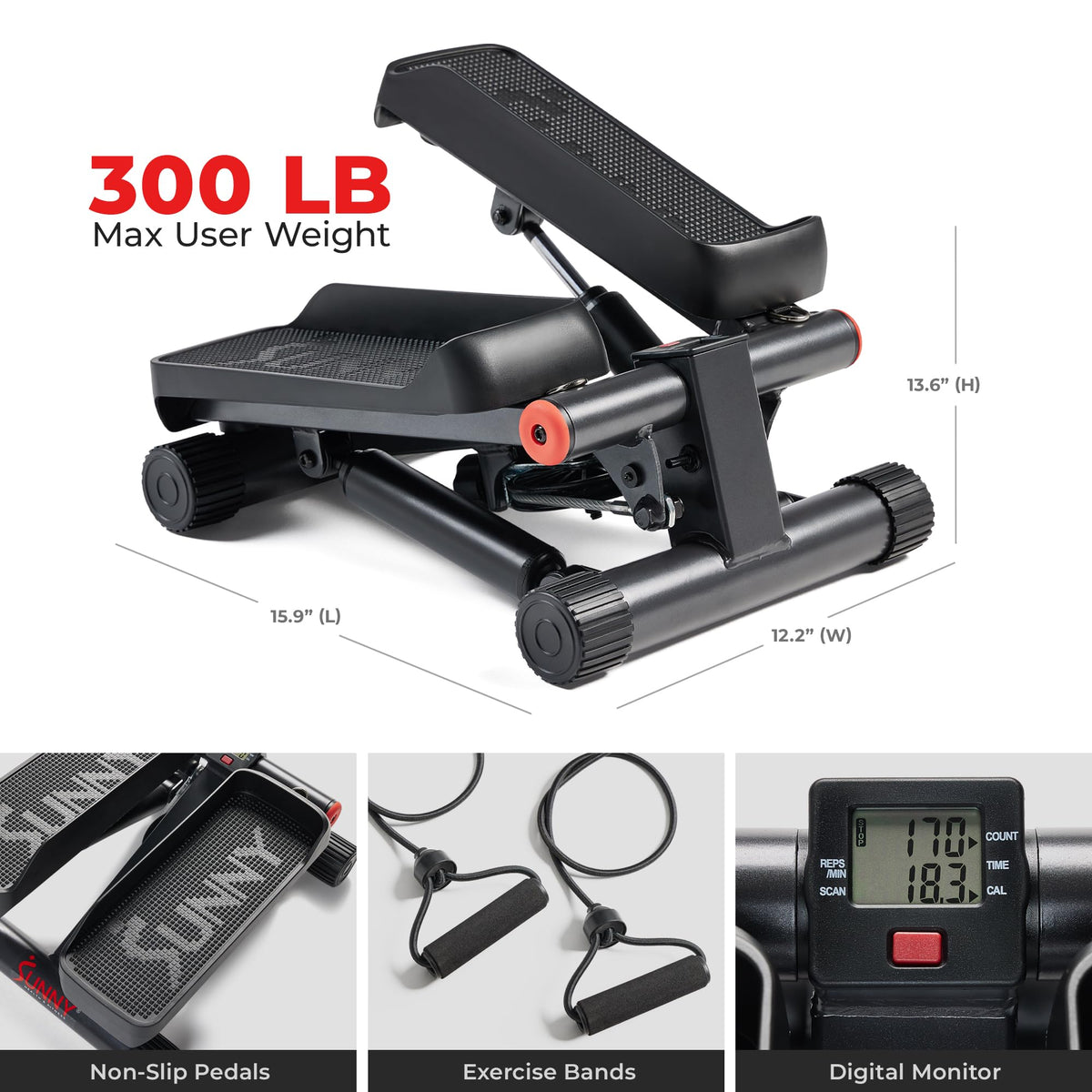 Sunny Health & Fitness Mini Stair Stepper with Resistance Bands for Cardio