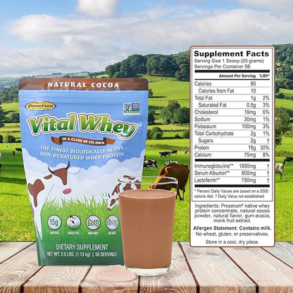 Grass-Fed Whey Protein Powder for Immune Vitality, Natural Cocoa 2.5lbs (56 Servings), 15g Protein