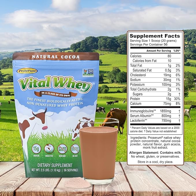 Grass-Fed Whey Protein Powder for Immune Vitality, Natural Cocoa 600g (30 Servings), 15g Protein