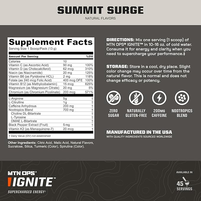 MTN OPS Ignite Trail Packs Energy Drink Powder, Gluten Free Nootropic Supplement Drink Mix, L