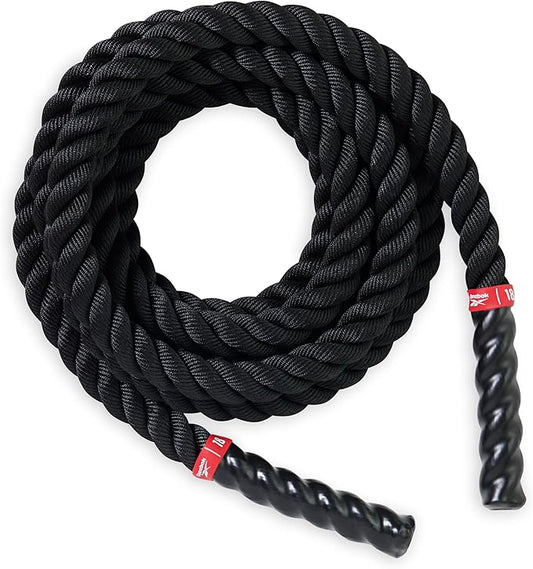 Reebok 18 ft Battle Rope, 1.5" Thick Exercise Rope for Home Gym Workout, Anti-Slip Handles for