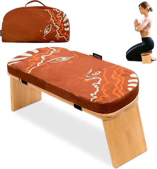 Bamboo Meditation Bench with Cushion - Foldable Bench for Multiple Seating Angles - Kneeling Chair