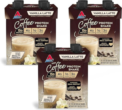 Atkins Iced Coffee Vanilla Latte Protein Shake, 15g Protein, Low Glycemic, 4g Net Carb, 1g Sugar