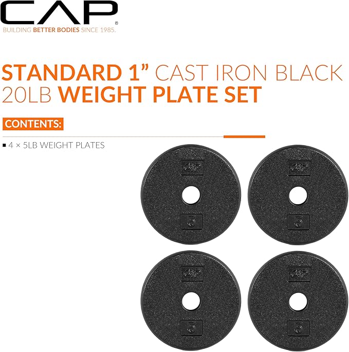 CAP Barbell Standard 1-Inch Cast Iron Weight Plates - Singles & Sets | 1.25-50 lbs | Multiple