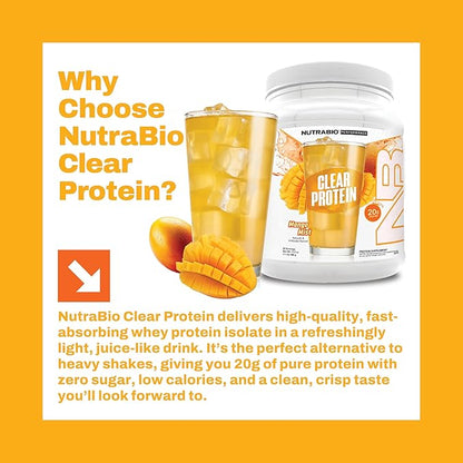 NutraBio Clear Protein Powder, Mango Mist - 20 Servings, 20g Clear Whey Protein Isolate, 0 Sugar
