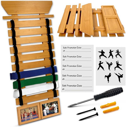 Karate Belt Display Rack - Bamboo 10 Taekwondo Belt Display with Customization Stickers, 2 Picture