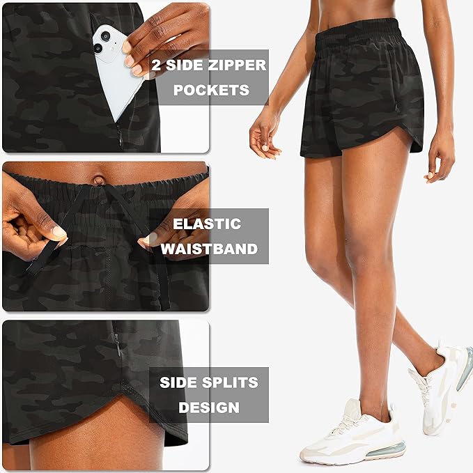 SANTINY Women's Running Shorts with Zip Pockets High Waisted Athletic Workout Gym Shorts for Women