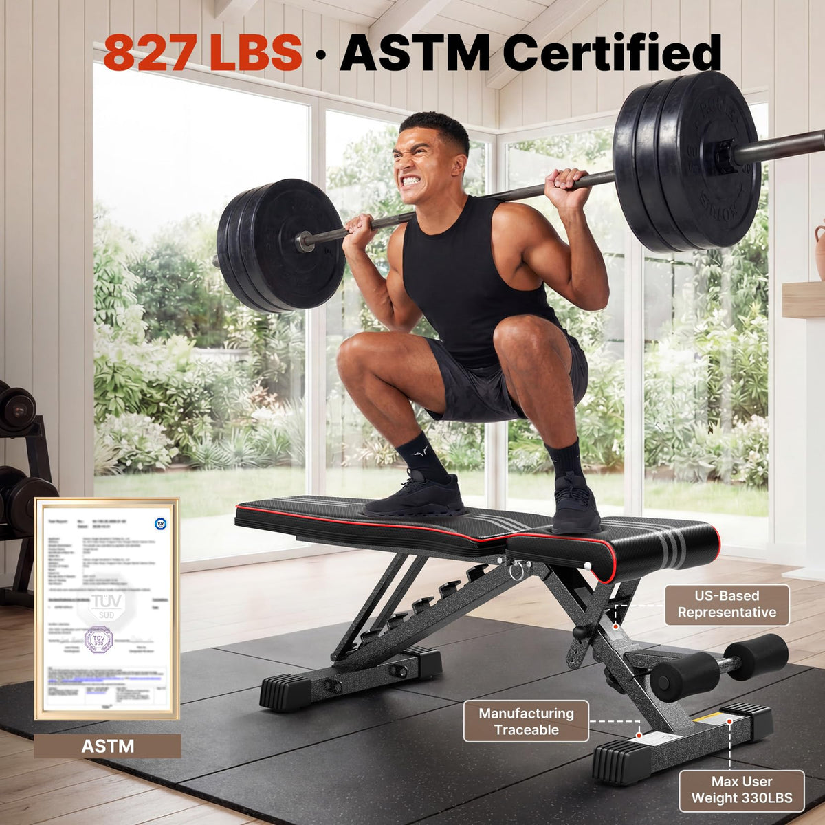 YOLEO Adjustable Weight Bench for Home Gym, ASTM-Certified 827LBS, 98% Pre-Assembled, Foldable Gym