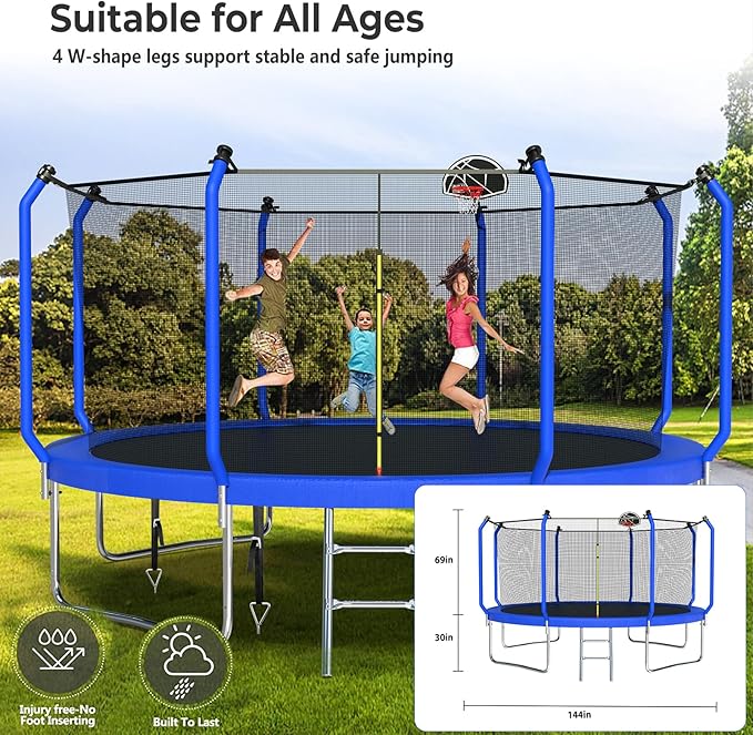 Upgraded Trampoline 8FT/10FT/12FT/14FT With Basketball Hoop, Light, Sprinkler, Stakes - Outdoor