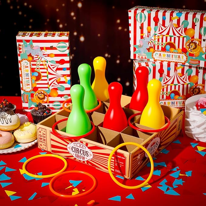 Wettarn Carnival Bottle Toss Game Ring Toss Games, Include a Circus Ticket Box 6 Plastic Bottles