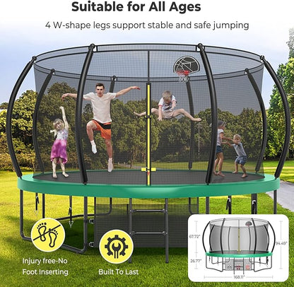 12 14 15 16FT Trampoline Outdoor with Basketball Hoop, Trampoline with Lights for Kids and Adults