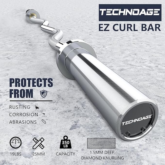 TECHNOAGE Olympic EZ Curl Bar, 47" Curl Bar(350/500LBS Capacity) 20LB, Solid Steel, Chrome Finish