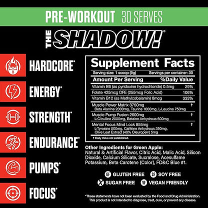 JNX SPORTS The Shadow! 350mg of Caffeine Hard Core Preworkout - Green Apple 30 Servings | Electric