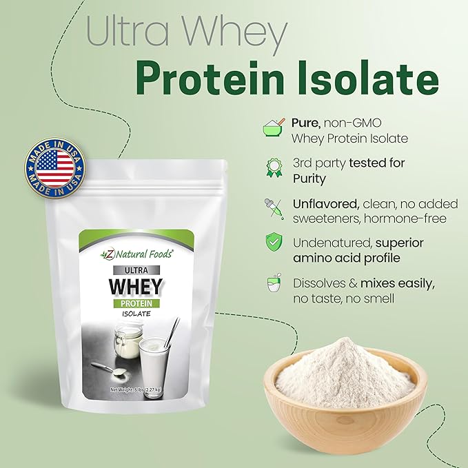 Z Natural Foods Ultra Whey Protein Isolate Powder - Pure, Unflavored, Unsweetened Whey Protein