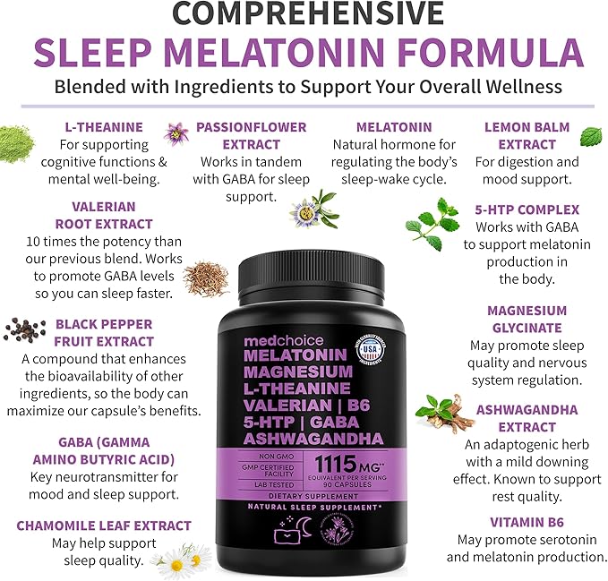 12-in-1 Melatonin Sleep Capsules - Natural Sleep Aids for Adults with Melatonin 5mg and Magnesium