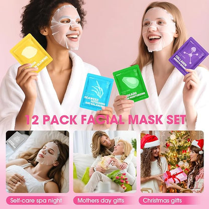 12 Pack Collagen Hydrating Face Masks Skincare, Sheet Face Mask for All Skin Types, Facial Masks