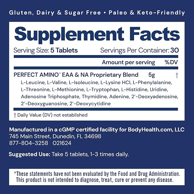 BodyHealth PerfectAmino Tablets (150 ct), Essential Amino Acid with BCAAs + Lysine, Phenylalanine