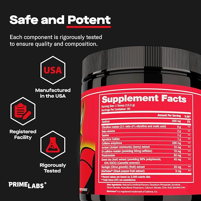 Prime Labs Pre Workout Powder for Men - with Citrulline Malate, Beta-Alanine, and Natural Caffeine