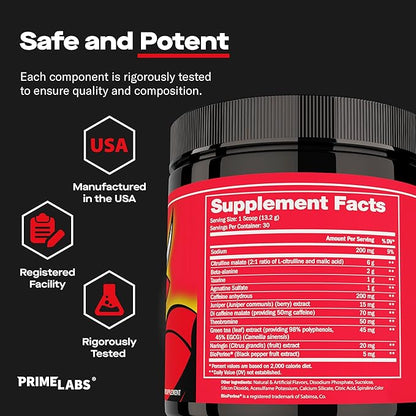 Prime Labs Pre Workout Powder for Men - with Citrulline Malate, Beta-Alanine, and Natural Caffeine