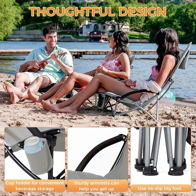 KingCamp Low Beach Chairs, Portable Folding Chair for Adults Extra Wide Ergonomic High Back Seat