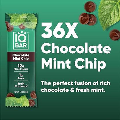 IQBAR Brain and Body Plant Protein Bars - Chocolate Mint Chip - 36-Count Low Carb - Gluten Free