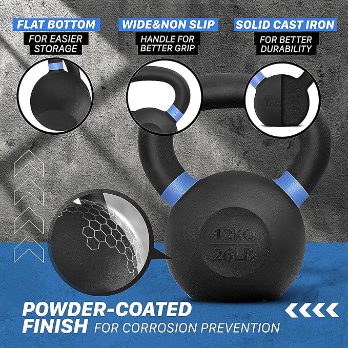 Yes4All Kettlebell, Heavy Duty Powder Coated Cast Iron Kettlebells, Non-Slip Handle & Flat Bottom