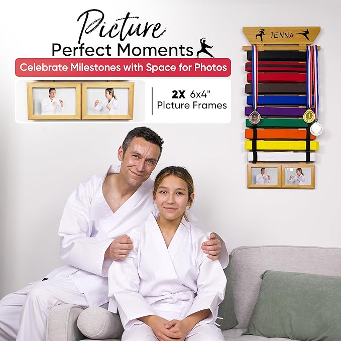 Karate Belt Display Rack - Bamboo 10 Taekwondo Belt Display with Customization Stickers, 2 Picture