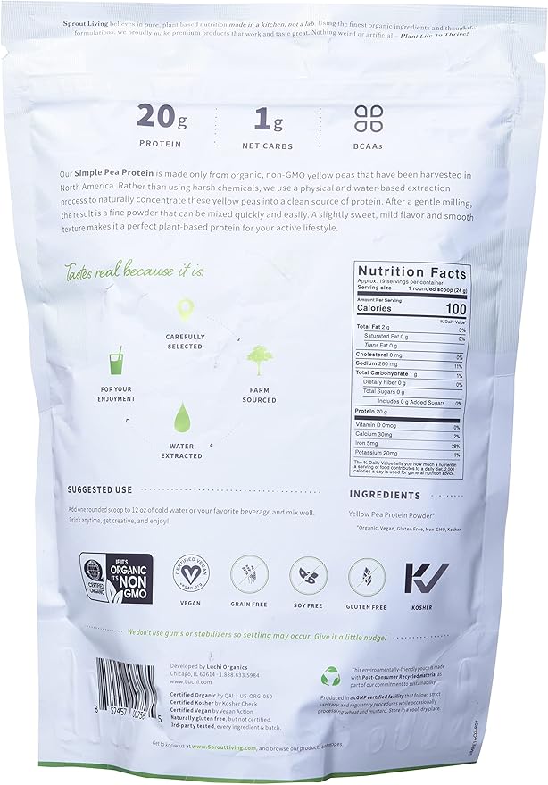Sprout Living Organic Pea Protein Powder, Unflavored, 20 Grams of Plant Based Organic Protein