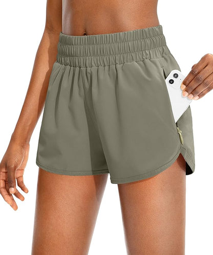 SANTINY Women's Running Shorts with Zip Pockets High Waisted Athletic Workout Gym Shorts for Women